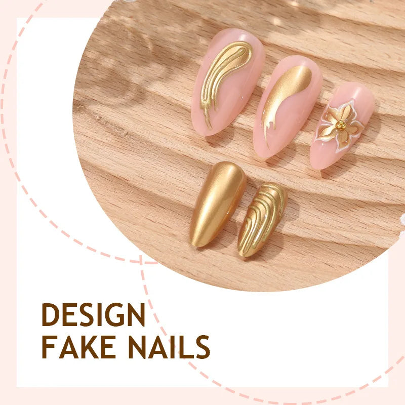 24Pcs French Flowers Pattern Almond Simple False Nails Set with Gloden Stripes Designs Detachable Finished Nails with Jelly Glue