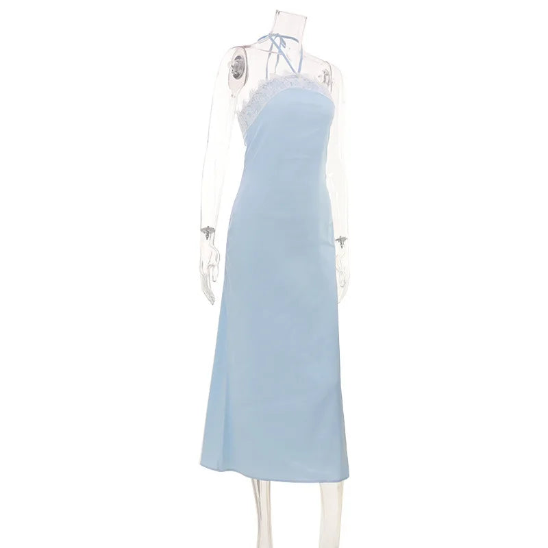 Summer Vacation Sexy Satin Halter Neck Slim Maxi Dress Casual Lace Up High Waist Lace Patchwork Dresses Female Chic Streetwear