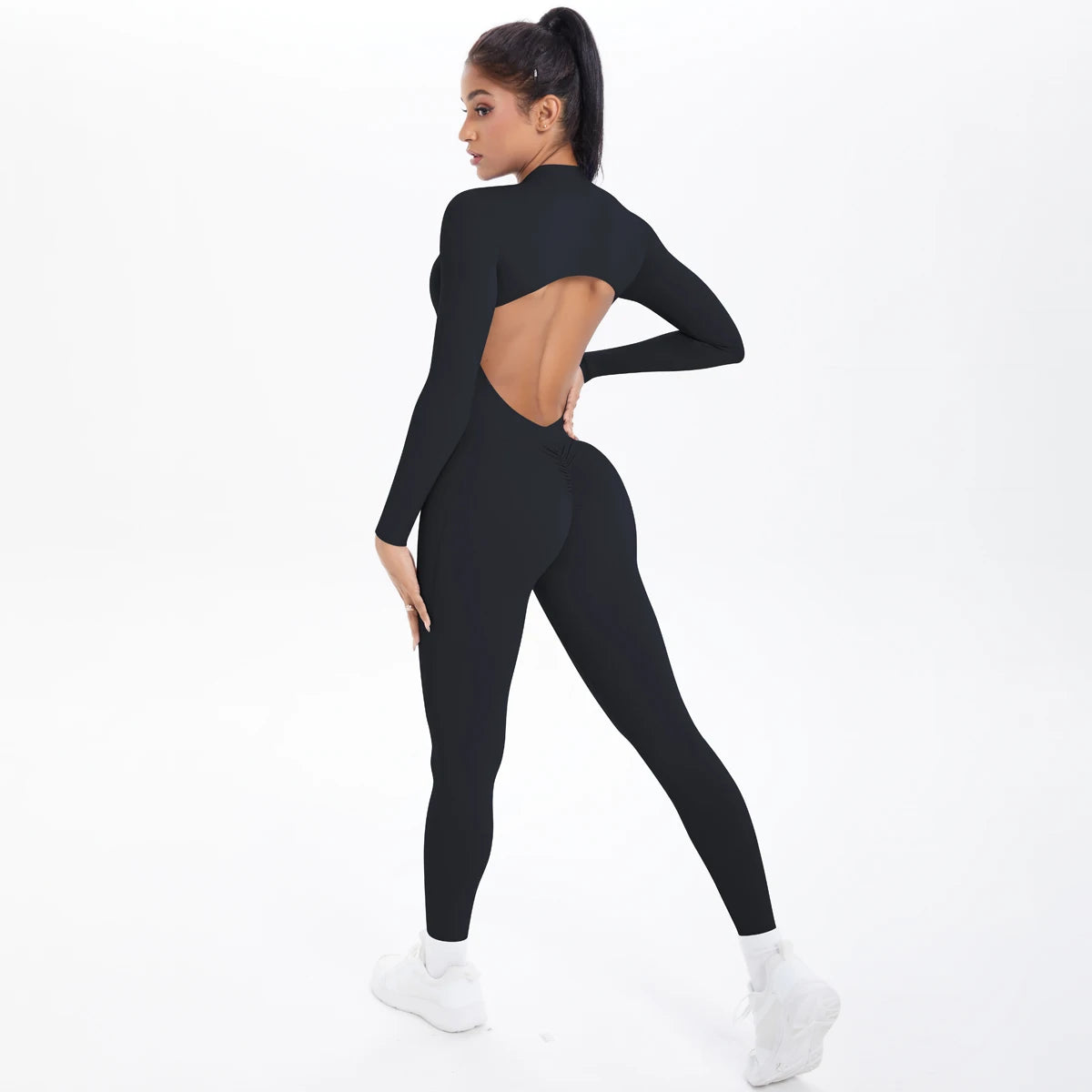 Solid Color Backless Yoga Bodysuits Women's Sportswear Stretch Bodysuit For Women Long Sleeves Jumpsuits Push Up Half Zipper Set