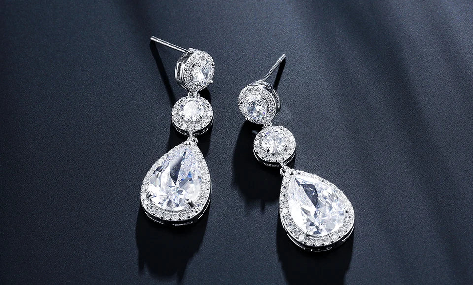 ZAKOL Luxury Zircon Wedding Long Dangle Earrings Round Water Drop AAA CZ Bridal Wedding Jewelry for Women