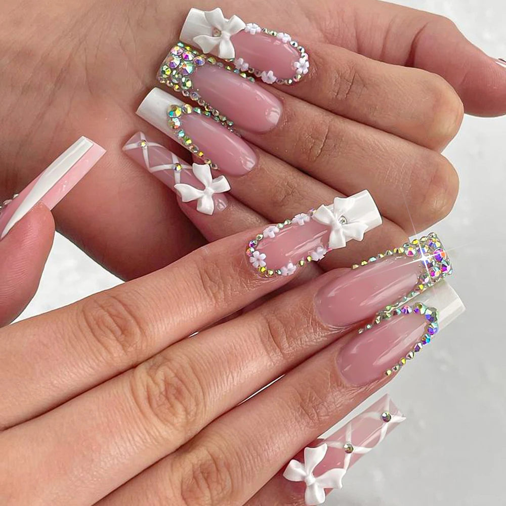 24Pcs Long Coffin French Fake Nails Acrylic Full Cover Square Head False Nails Bow Rhinestone Design Wearable Press on Nails