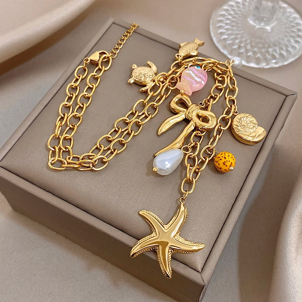 Flashbuy Beach Ocean Style Women's Necklace Sea Star Sea Turtle Sea Conch Charm Stainless Steel Necklace Waterproof Jewelry