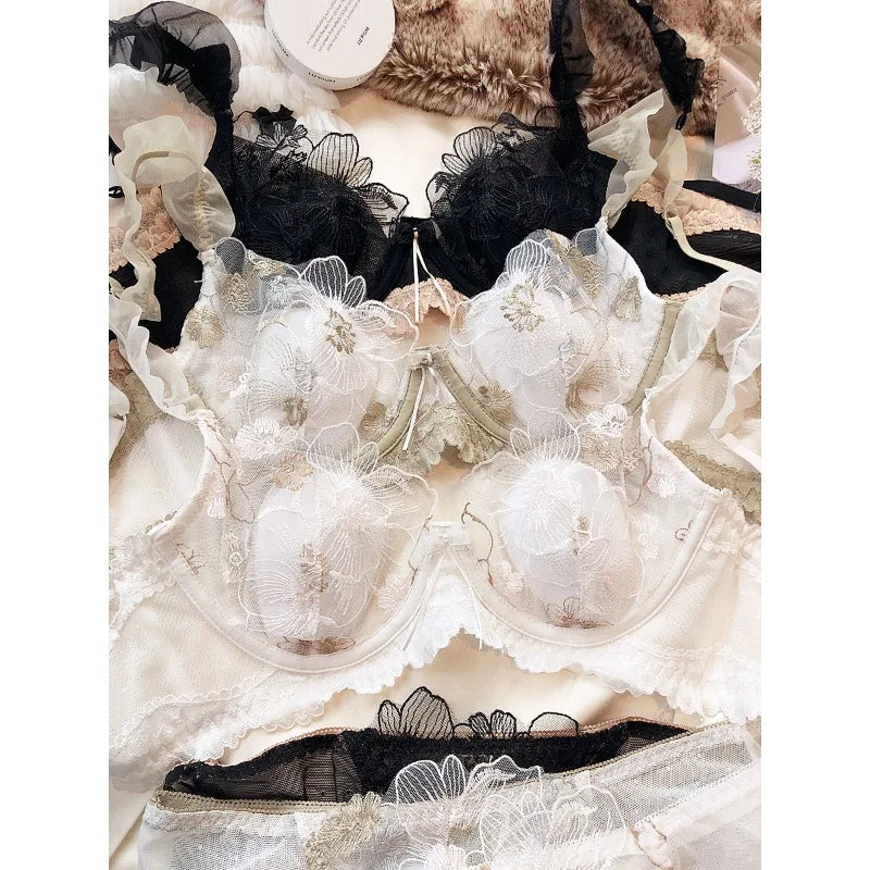 MOYISU French Elegant Embroidered Lace Minimizer Bra Support Soft Underwire Rabbit Ear Cup Sensual Lingerie Set Large Bust S-XL
