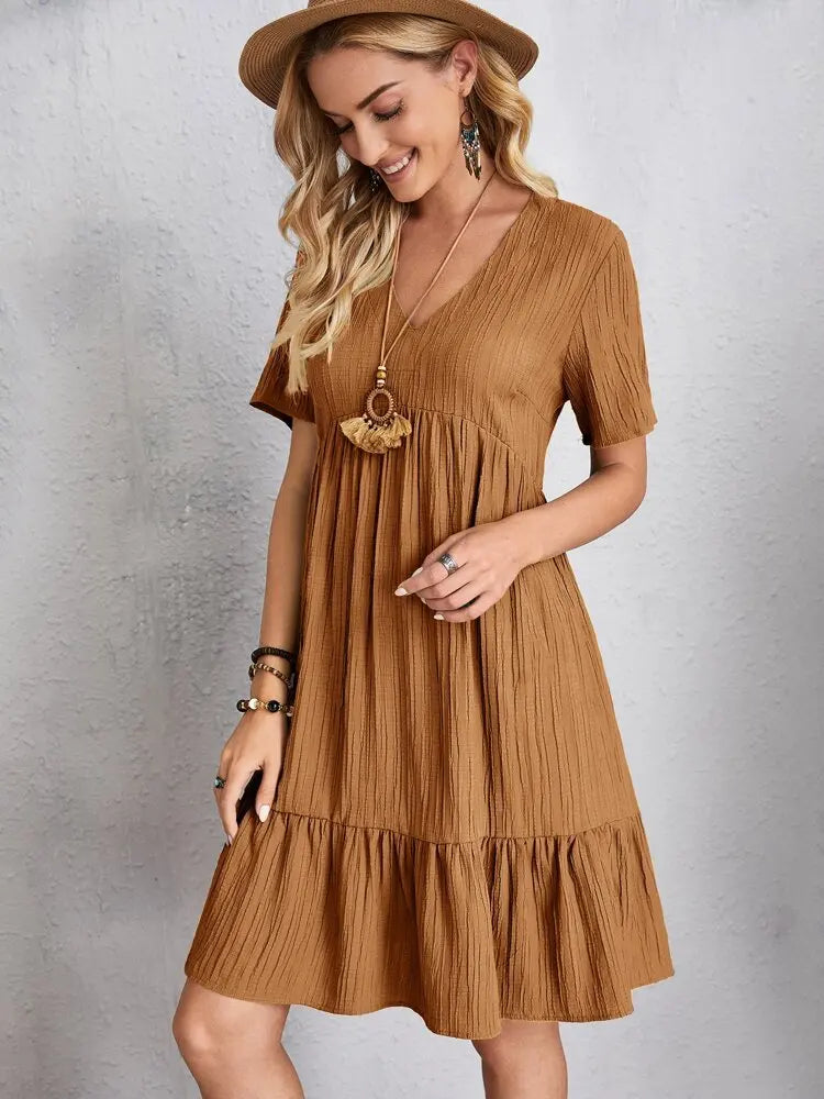 Women Elegant V Neck Ruffles Mini Dress Summer Vintage Solid Loose Sundress Bohemian Casual Solid Beach Party Vestidos