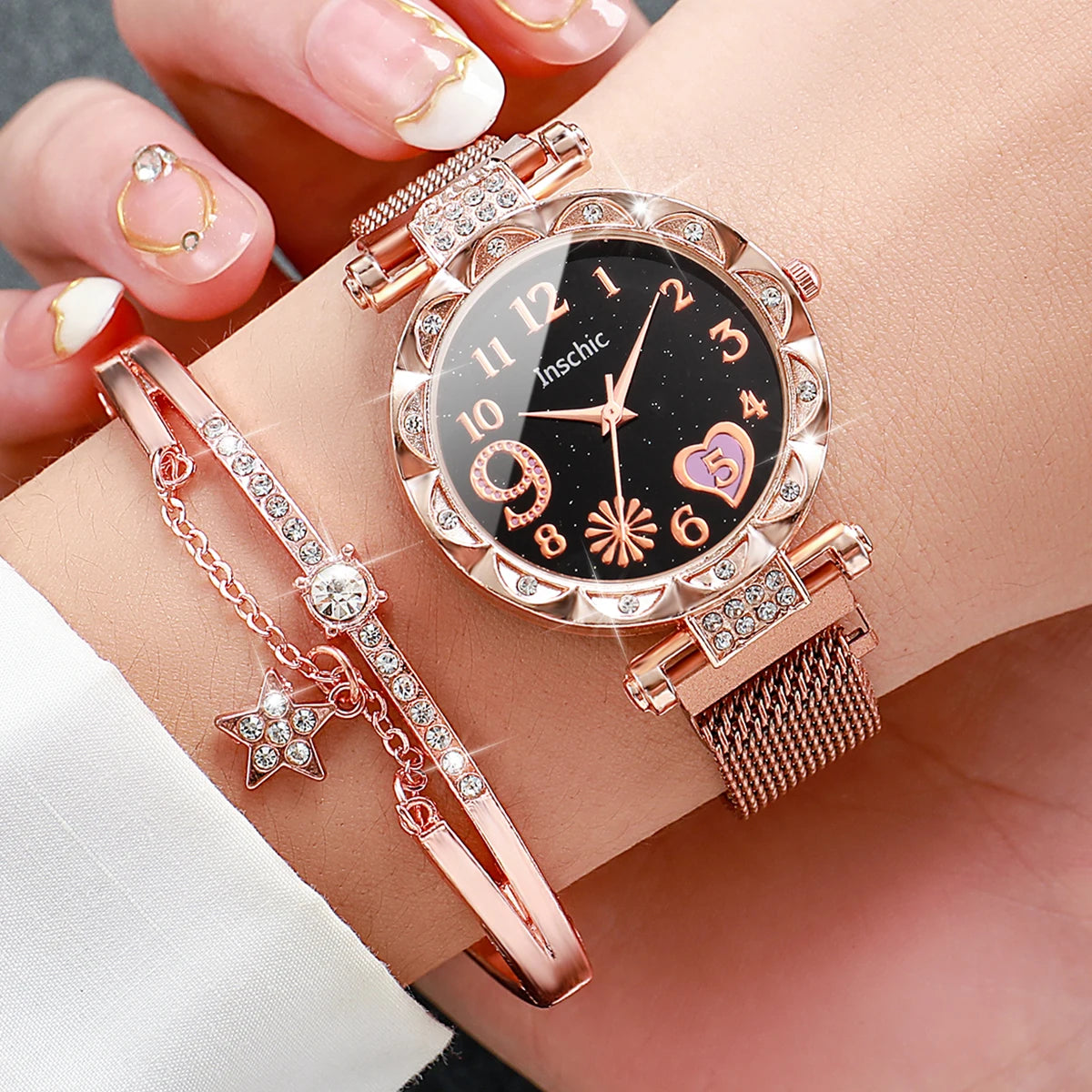 2PCS/Set Fashion Flower Dial Women's Watch Magnet Buckle Mesh Band Quartz Watches Star Bracelet Set(Without Box)