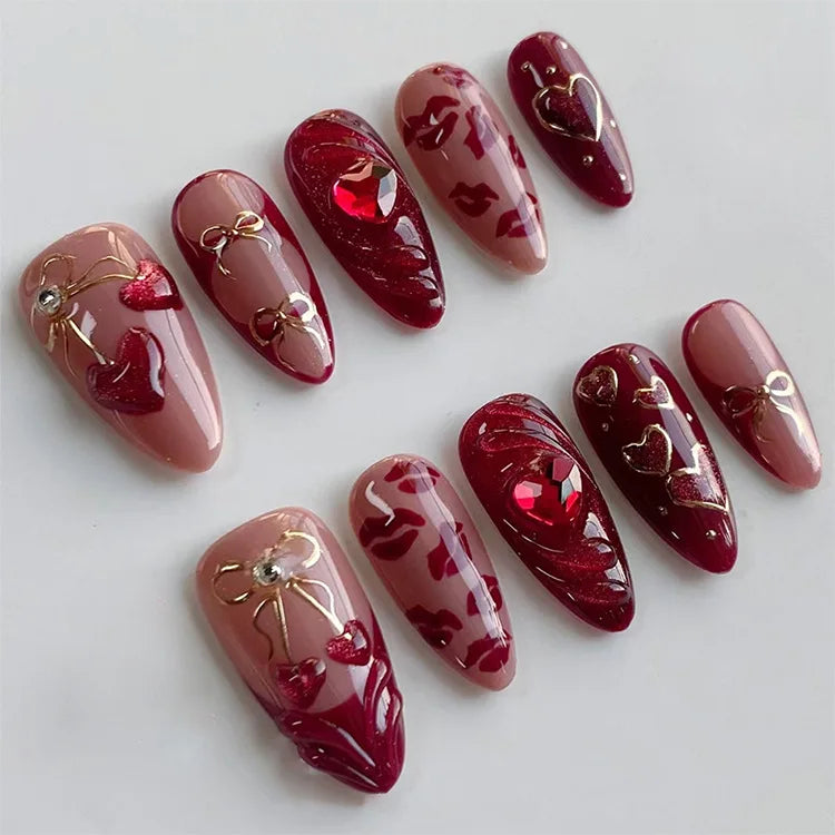 24Pcs Wine Red Almond Bow Heart Designs Press on Nails Glitter Cat Eye Diamond Nail Patch Wearable Elegant Full Cover Nail Tips