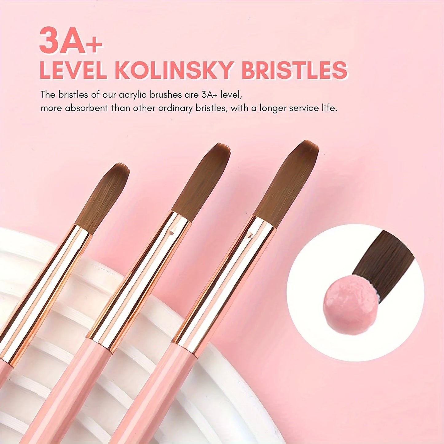 3Pcs/Set Acrylic Powder Extension Nail Brushes Pink Handle Size 8#/10#/14# Acrylic Powder Application 3D Carving Manicure Tools
