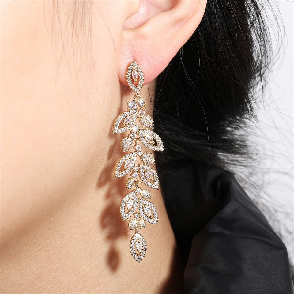 ZAKOL Luxury Shiny Zircon Polish Bridal Wedding Dange Earrings Elegant Marquise Leaf AAA CZ Long Drop Earring Party Jewelry