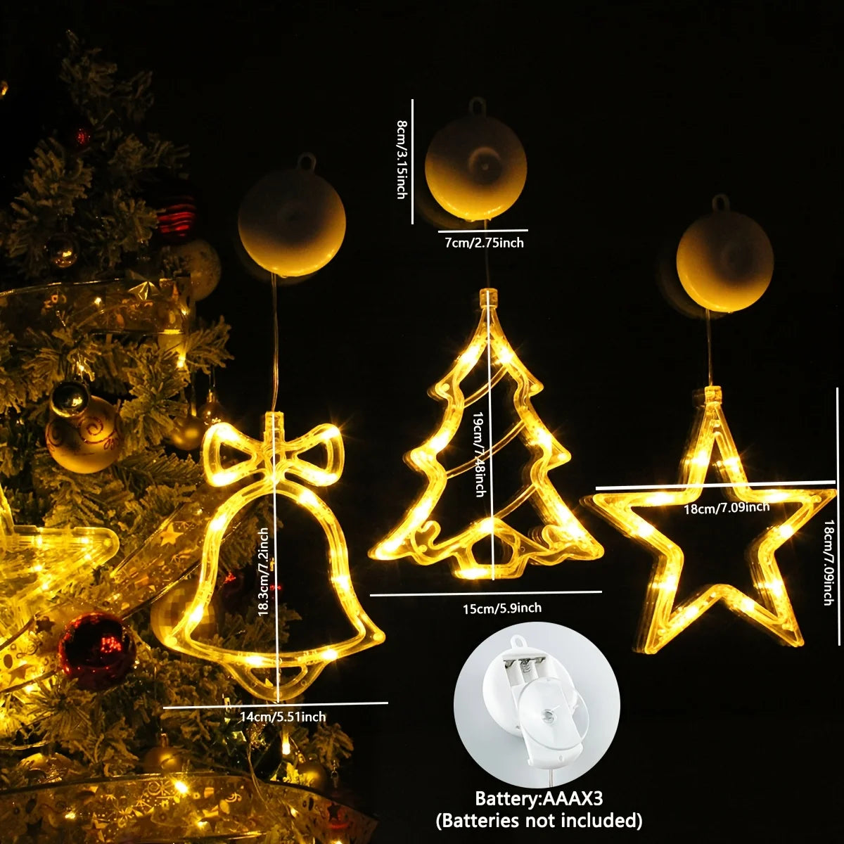 3-Pack Christmas Suction Cup Window Lights, with Three Styles: Bell, Christmas Tree, and Star. Christmas Lights, String Lights