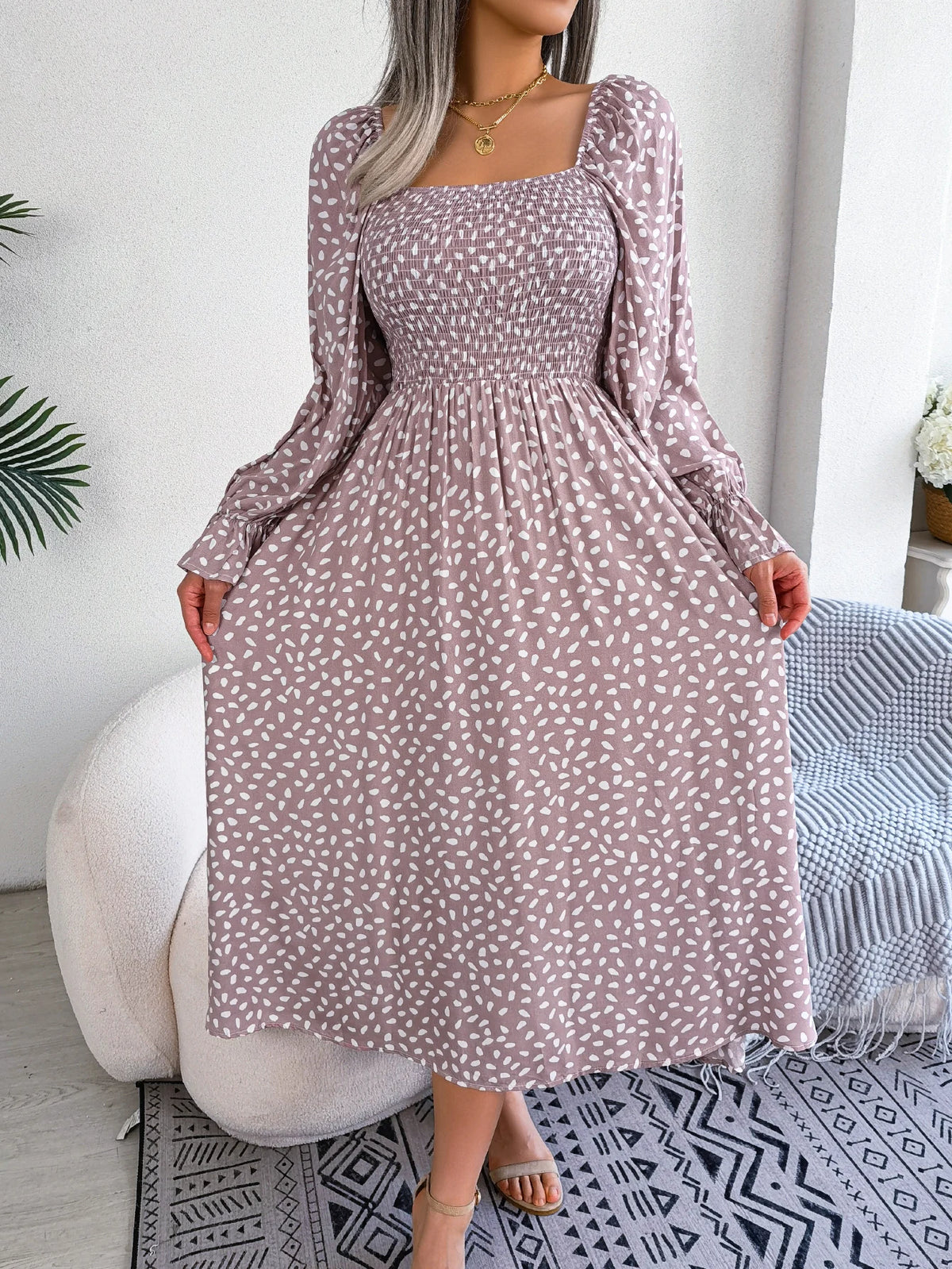 Spring Autumn Women's Elegant Polka Dot Square Neck Flare Long Sleeve Slim Waist Floral Dress Yellow Pink Red Woman Clothing