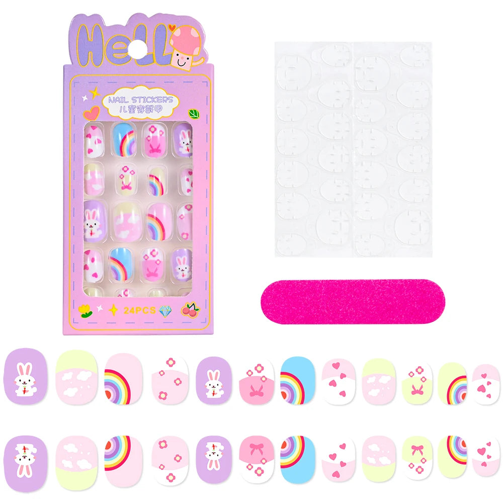 24Pcs/Box Cartoon Heart Bow Rainbow Design Kid Fake Nails Tips Cute False Nail Girls Press on Nails Full Cover Short Fingernails