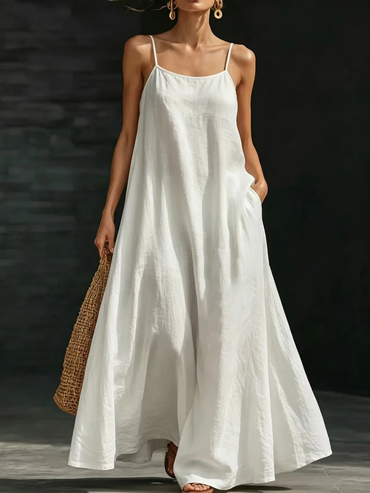 Women Linen Spaghetti Strap Maxi Dress V Neck Loose Swing Long Dress With Pockets Casual Summer Beach Vacation Sundress Ladies