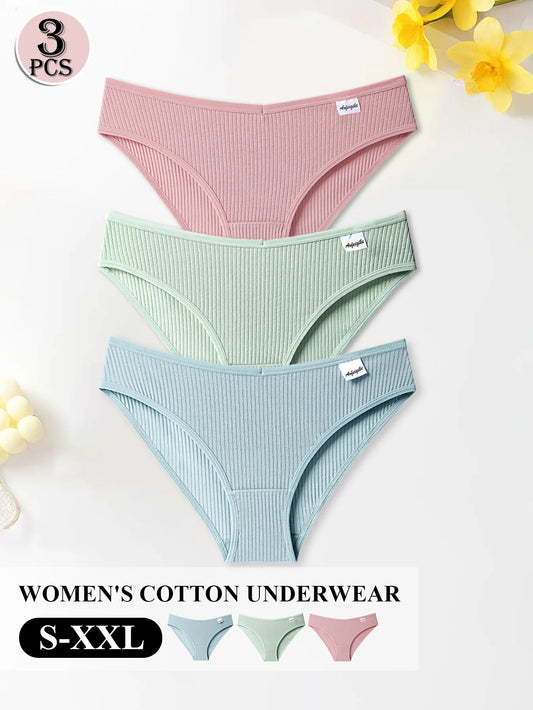 3PCS Women Cotton Panties Underwear Fresh Style Solid Color Striped Underpants Girls Comfortable Breathable Briefs Lingerie