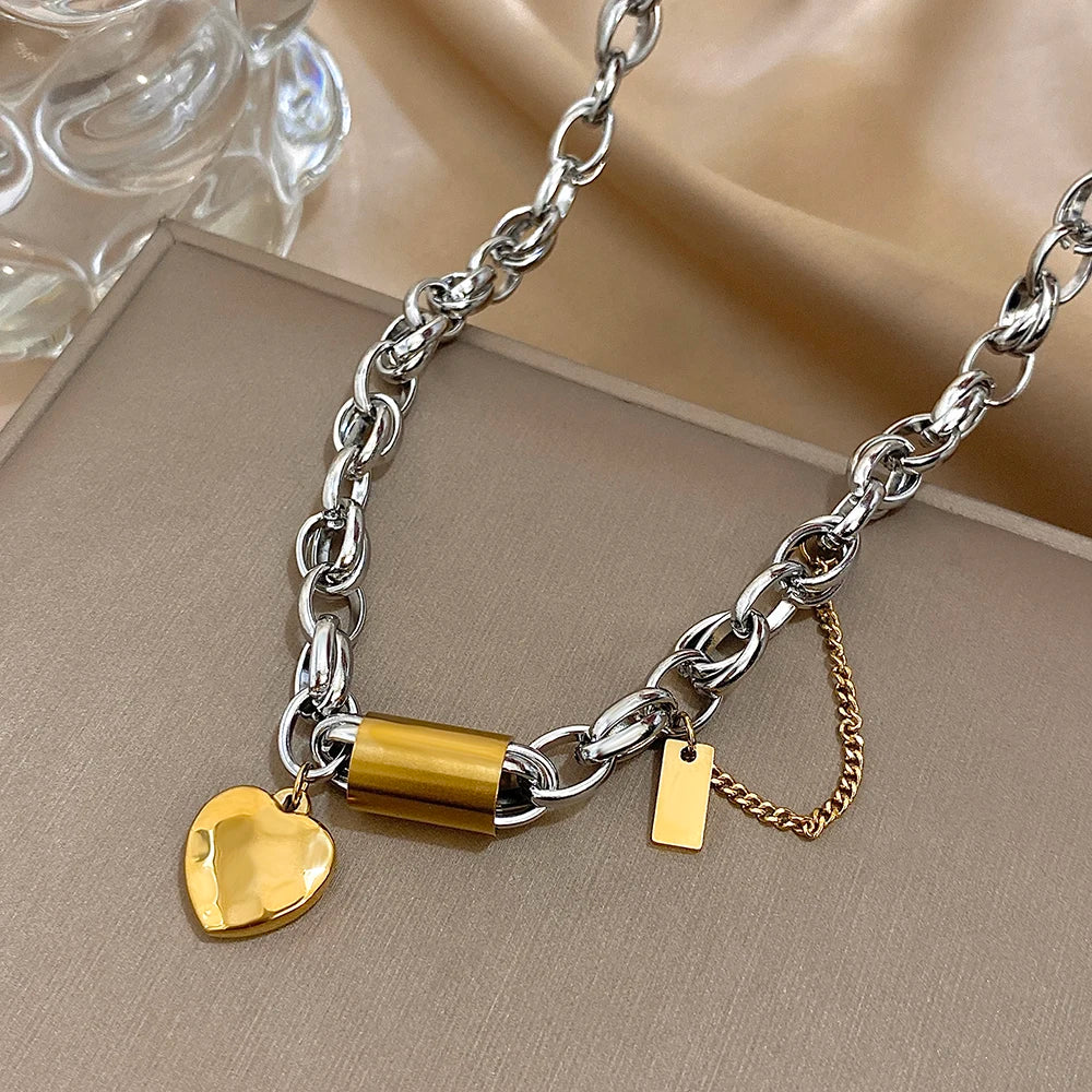 Flashbuy New Punk Chunky Gold Color Thick Chain Stainless Steel Necklace for Women Fashion Design Heart Love Pendant Jewelry