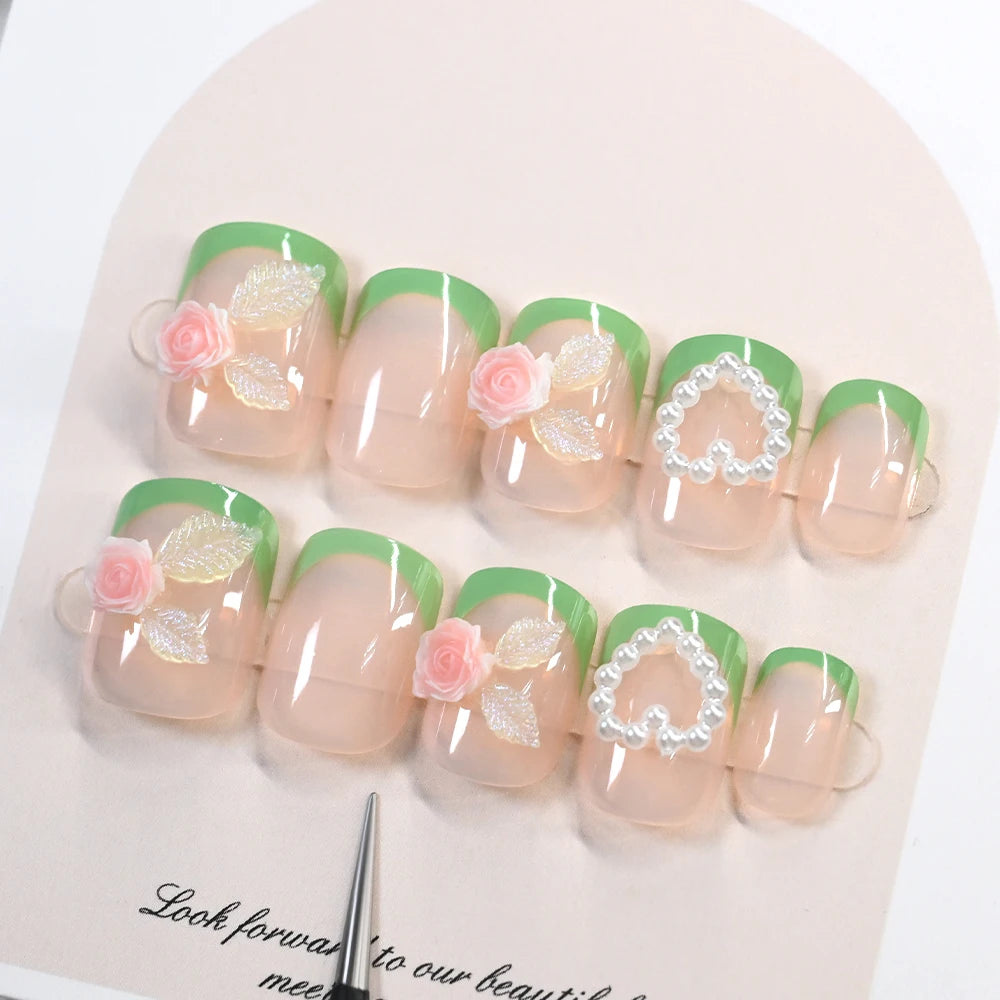 24Pcs Green Short Square French False Nails 3D Heart Rose Flower Charm Full Cover Fake Nail for Women Wearable Press on Nails
