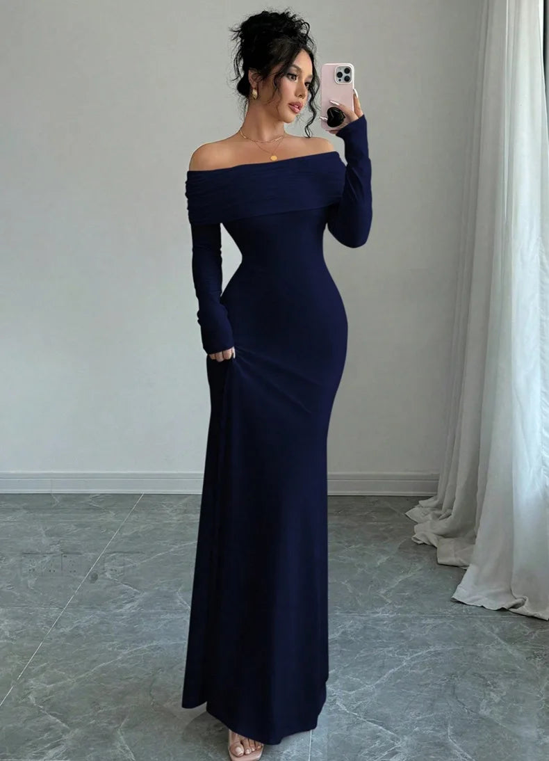 New arrival elegant women for spring season. Elegant long dress featuring a chic one-shoulder (slash neck)