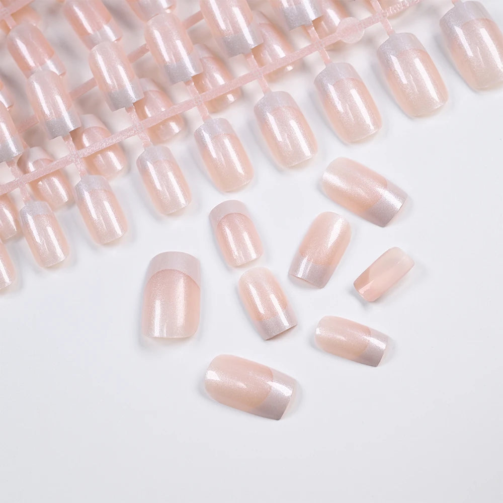 120Pcs French Pearlescent Short Square False Nails Acrylic Full Cover Artificial Press On Nails Glossy Fake Nails Extension