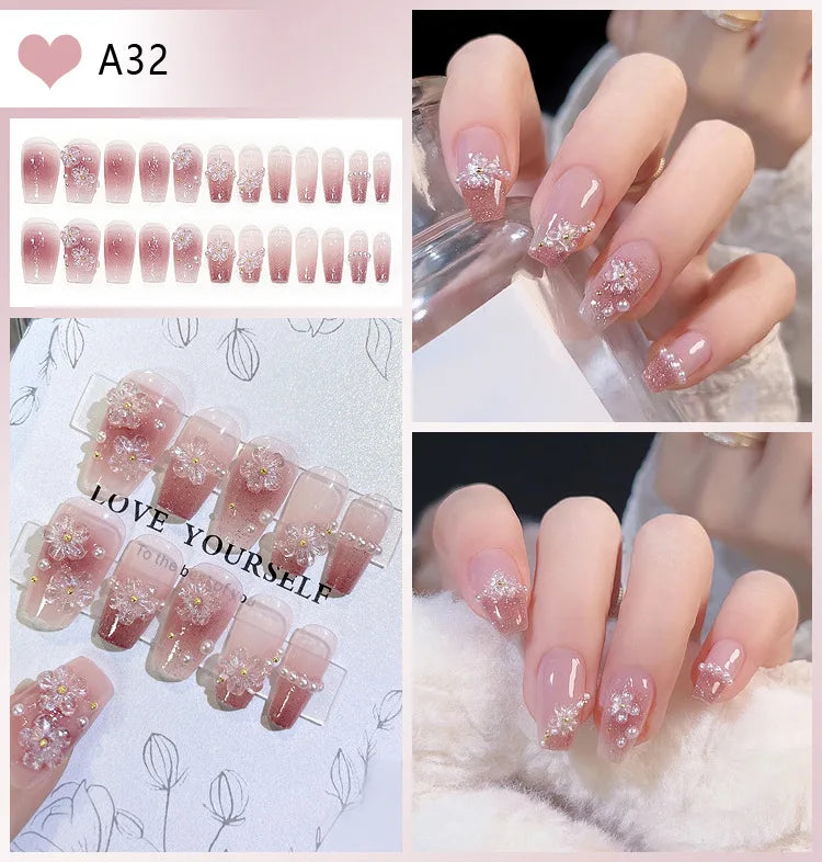 24Pcs Pearl Bow Press On Nails White Bowknot French Almond Fasle Nails Wearable Full Cover Fake Nails Tip for Girls Women