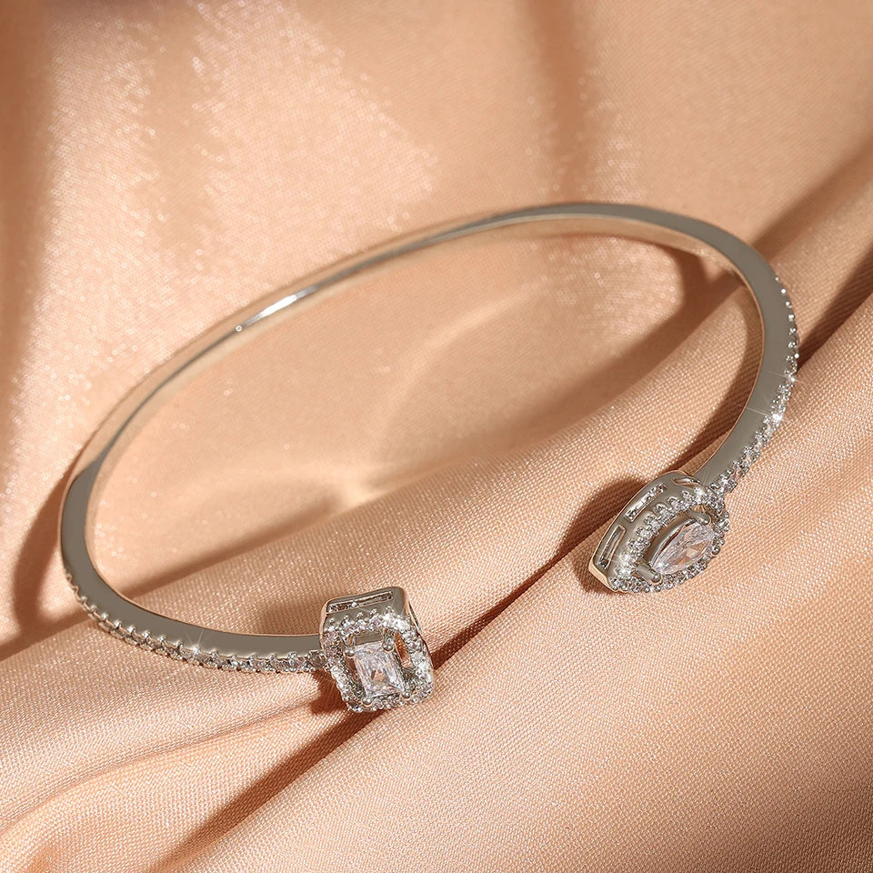 ZAKOL Classic Geometric Water Drop Square Zircon Adjustable Open Bracelets Shiny CZ Cuff Bangle Wedding Party Jewelry Gift