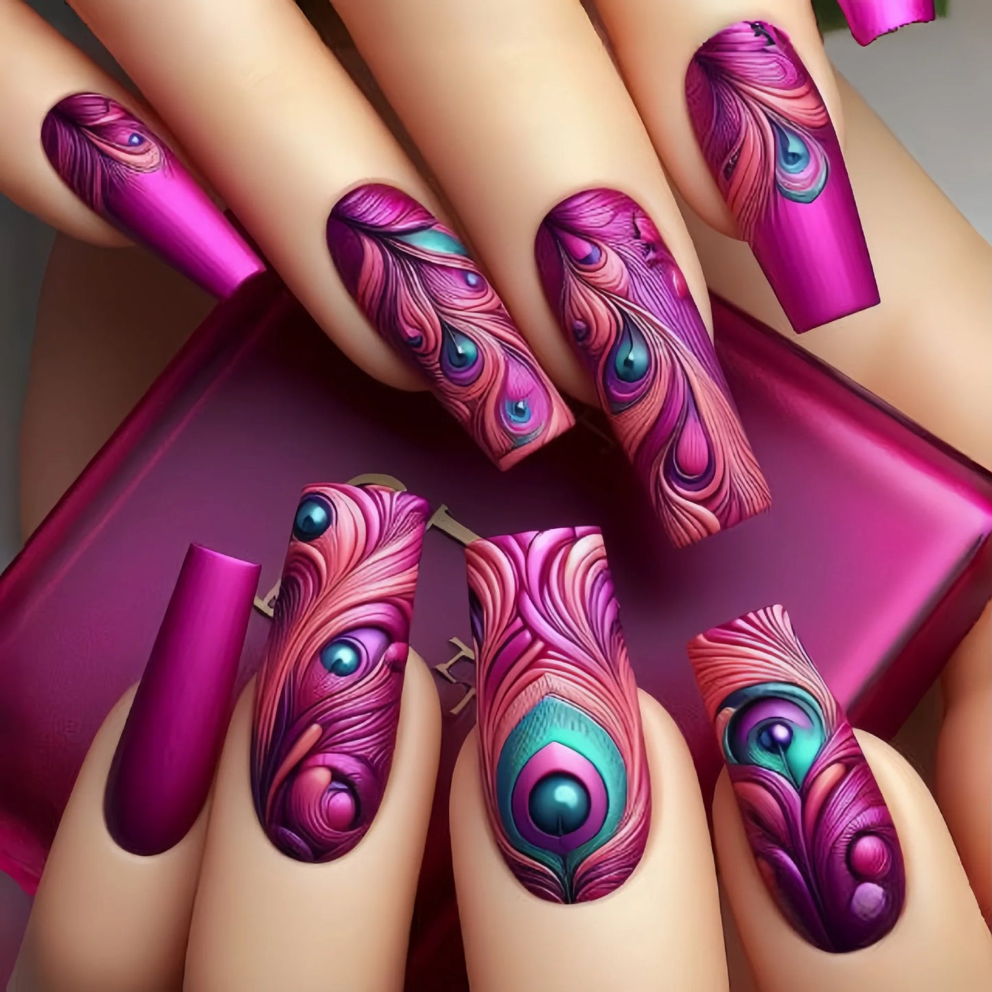 24pcs Press on Nails Fashion Blue French Tips with Flower Design Fake Nail Long Ballet Coffin False Nails Wearable Manicure Sets