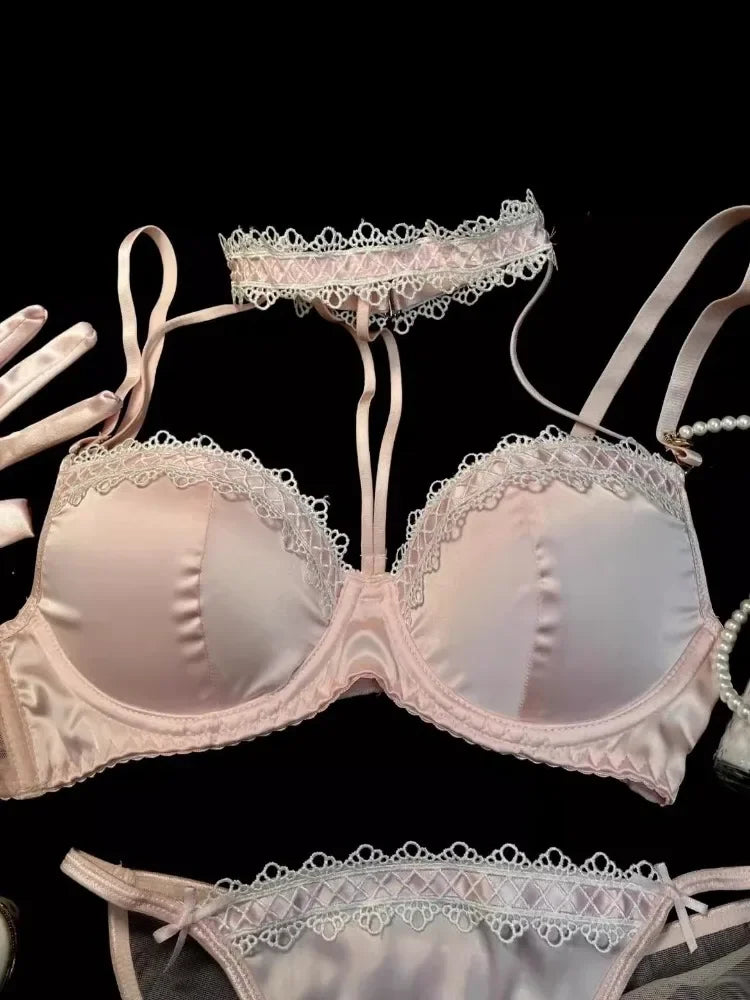 MOYISU Method Pearl Powder Bra Set Lace Halter Neck Design for Small Breasts Big Thick Cup Pure Desire Sexy Underwear for Women