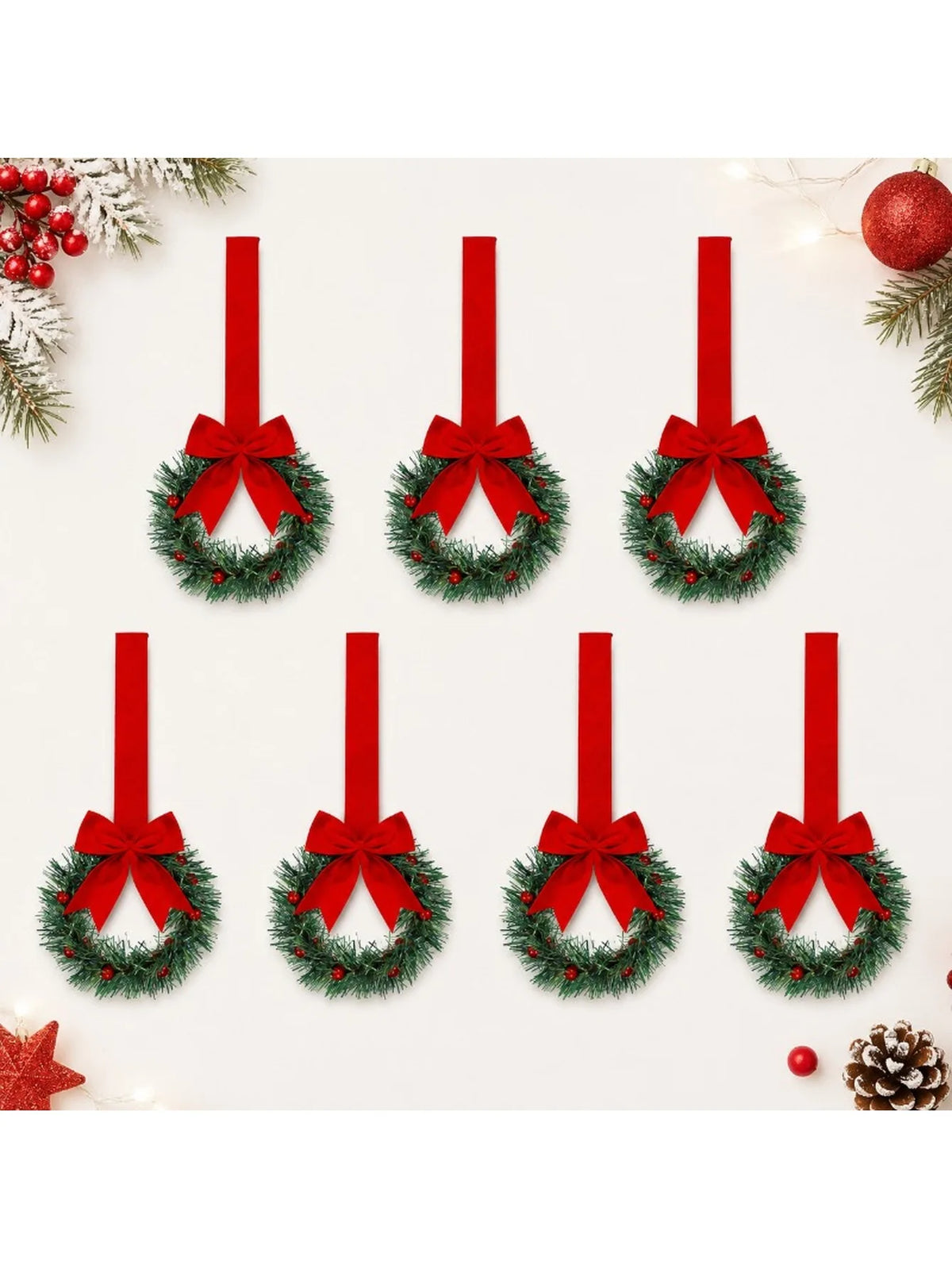 6pcs Christmas Kitchen Cabinet Wreaths with Ribbon, Mini Christmas Wreath Small Kitchen Xmas Decor for Window Door 