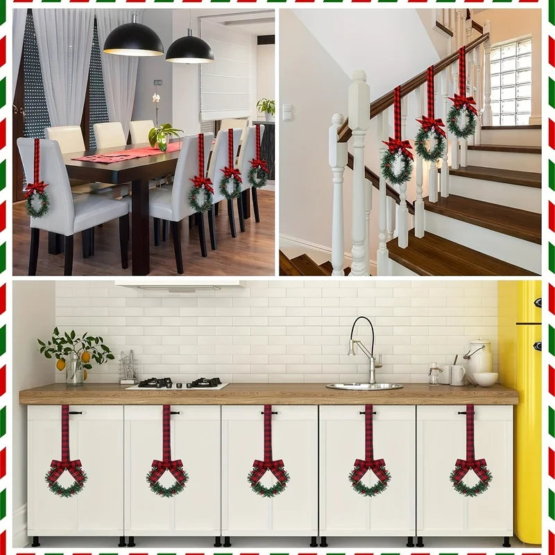 6pcs Christmas Kitchen Cabinet Wreaths with Ribbon, Mini Christmas Wreath Small Kitchen Xmas Decor for Window Door 