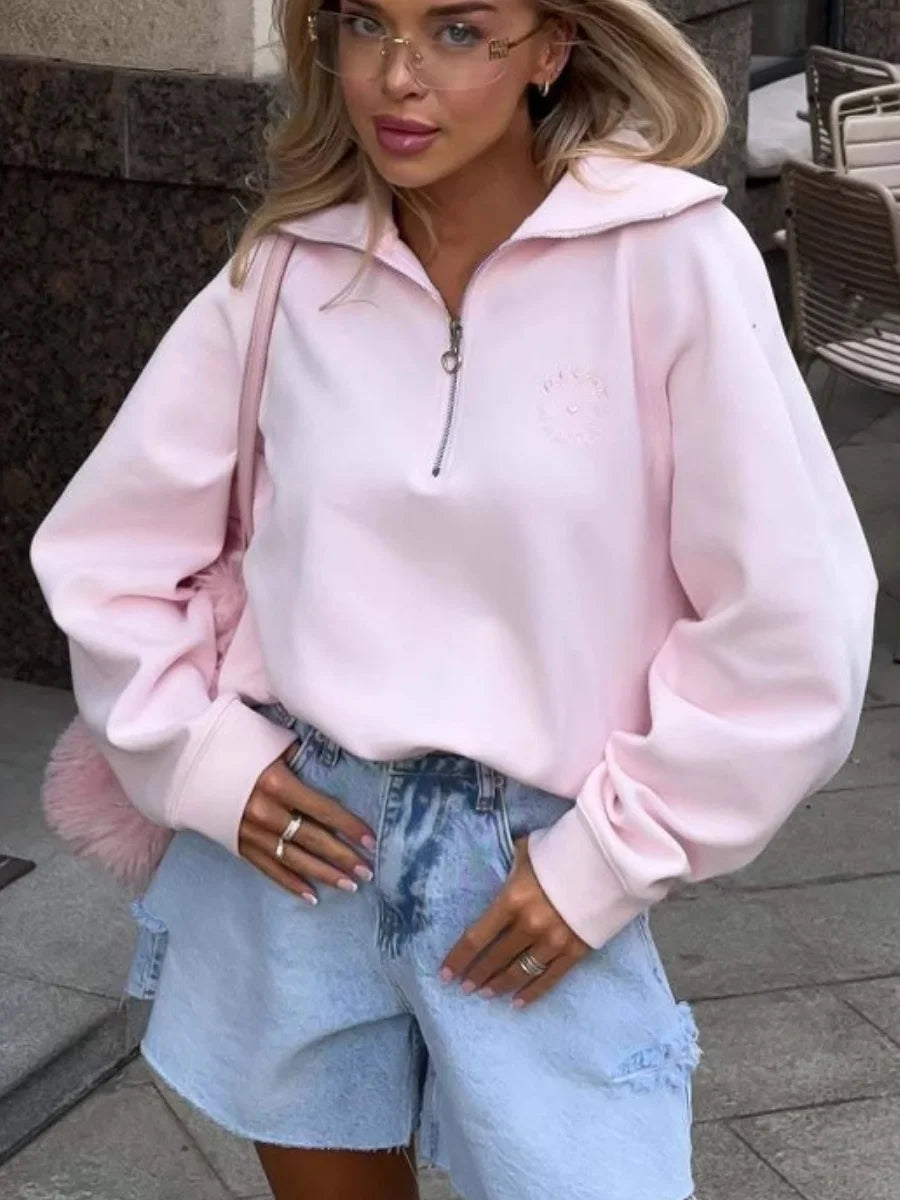 Women's Fashion Pink Pullovers Casual Long Sleeve Loose Half Zip Letter Embroidery Top Autumn Winter Vintage Female Streetwear