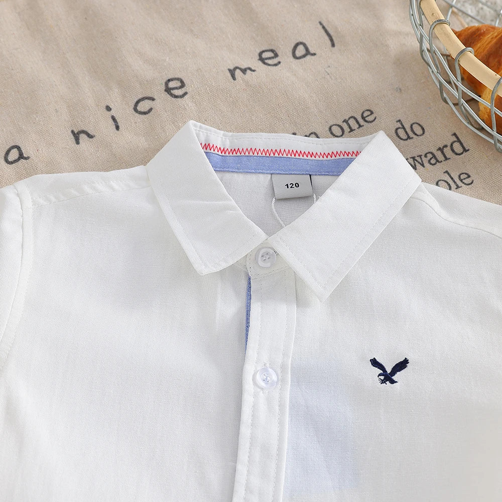 Boys' White Long Sleeve Shirt Embroidery Casual Cotton Button-Down Top for Kids 5-12 Years Old