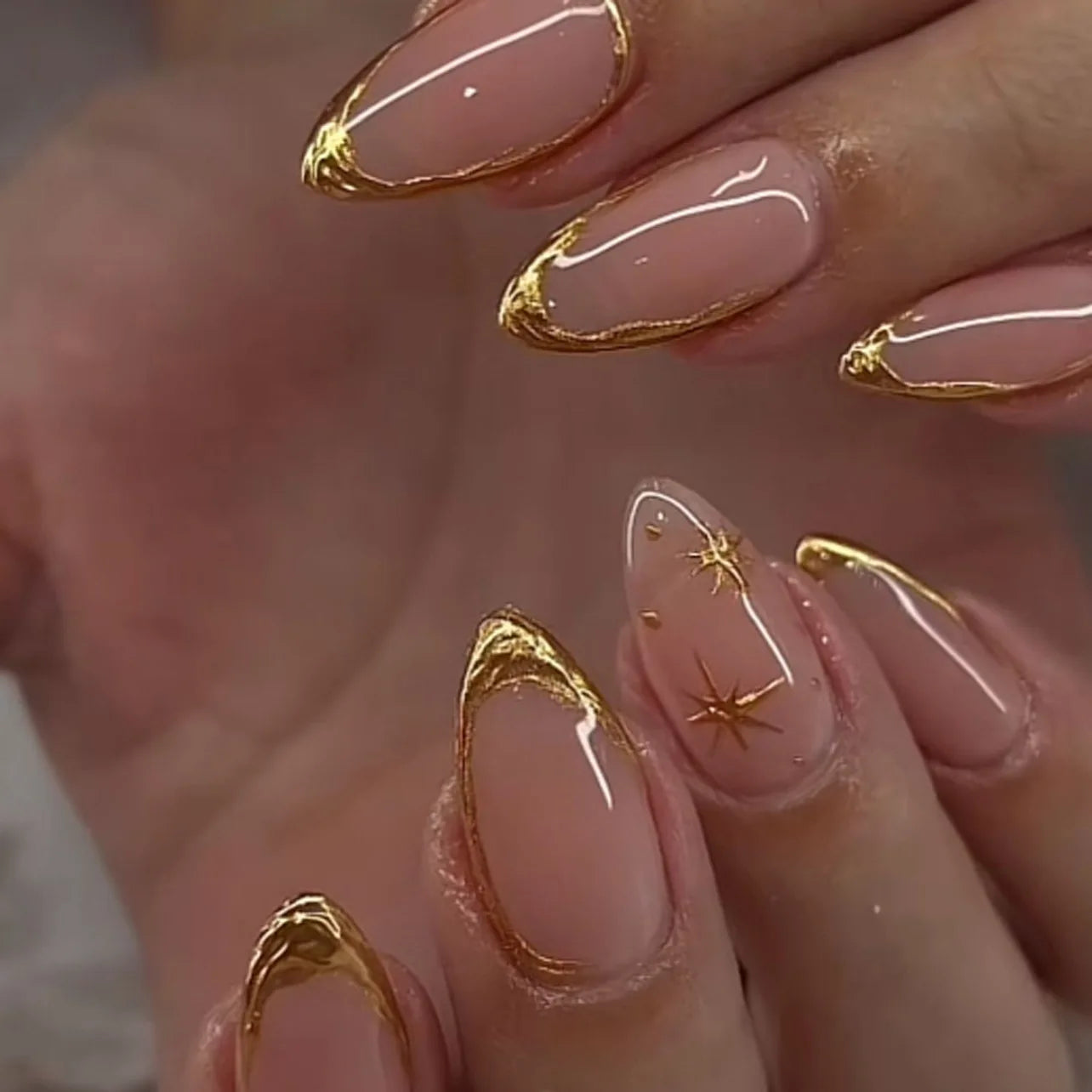 24Pcs Short Almond Nails Set Full Cover Star Moon Wave French Glitter Press on False Nails with Jelly Glue Detachable Nail Art