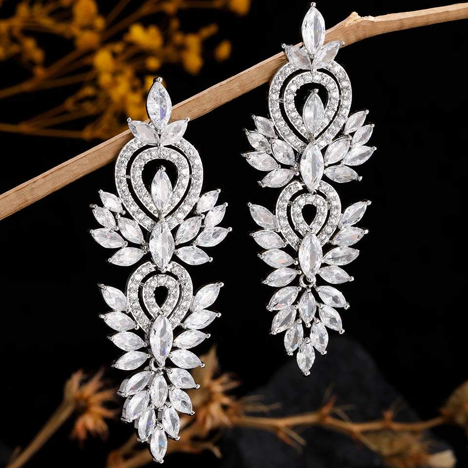 ZAKOL Luxury Leaf Marquise Zircon Long Drop Dangle Earrings Shiny Zirconia Bridal Women's Wedding Party Jewelry Accessories
