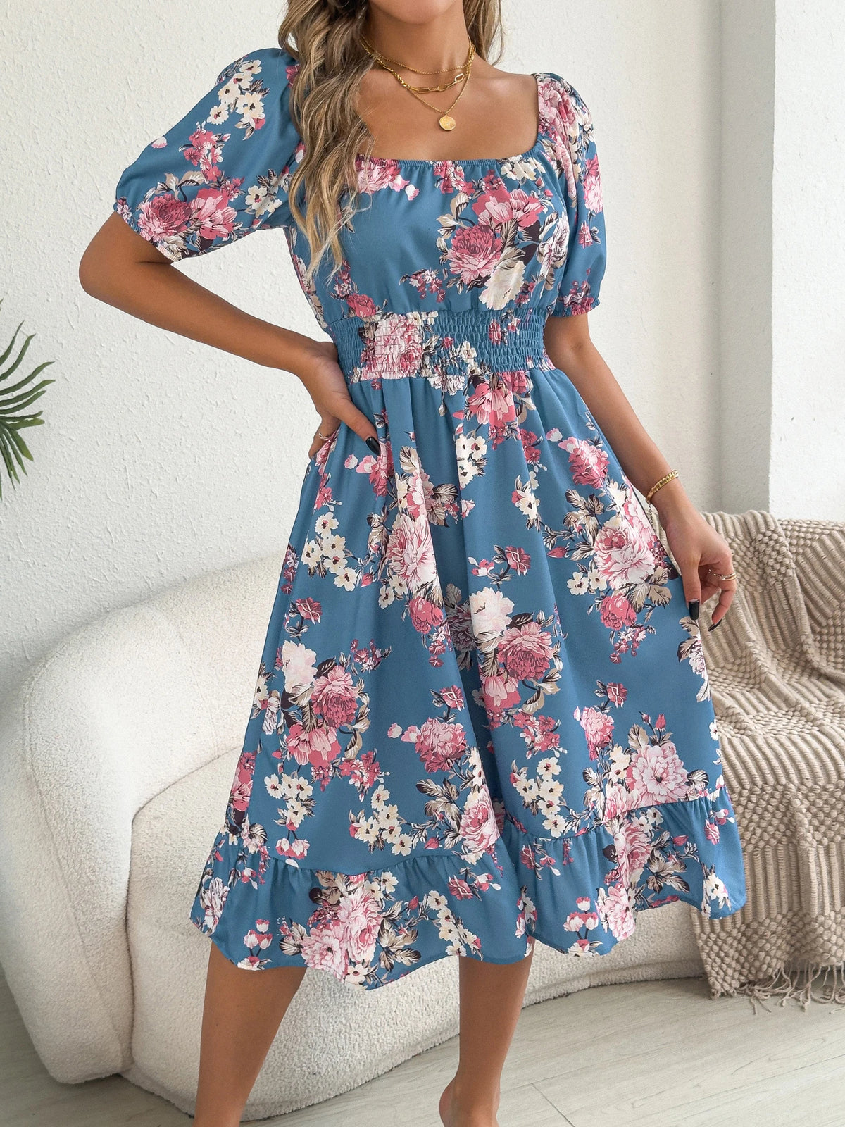Elegant Floral Print Dresses for Women 2026 Spring Summer Casual Square Neck Short Sleeve Waist Cinching A Line Ruffled Dress
