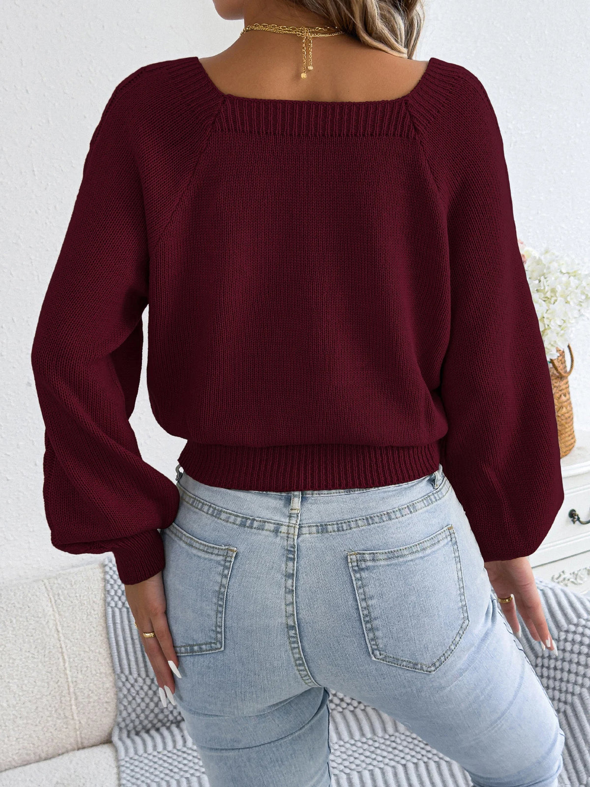 2026 Fashion Woman Sweaters for Autumn Winter Solid Color Square Neck Lantern Long Sleeve Twist Knitted Pullover Tops White Red