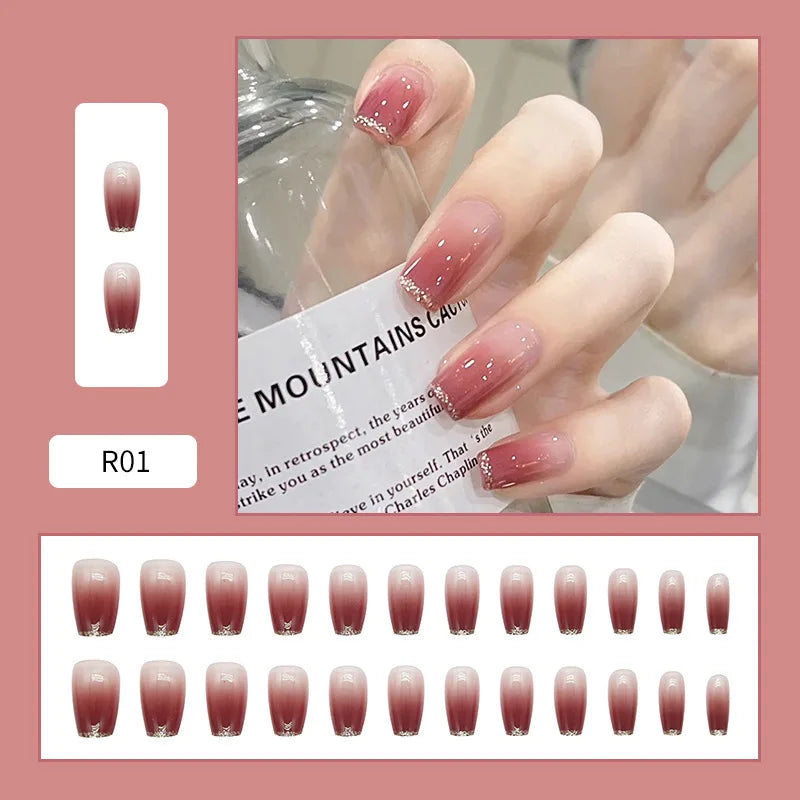 24pcs Galaxy Star Gradient Black Purple Nail Art Glitter Long Press on Nails with Charms Summer Korean Coffin False Nails Girls