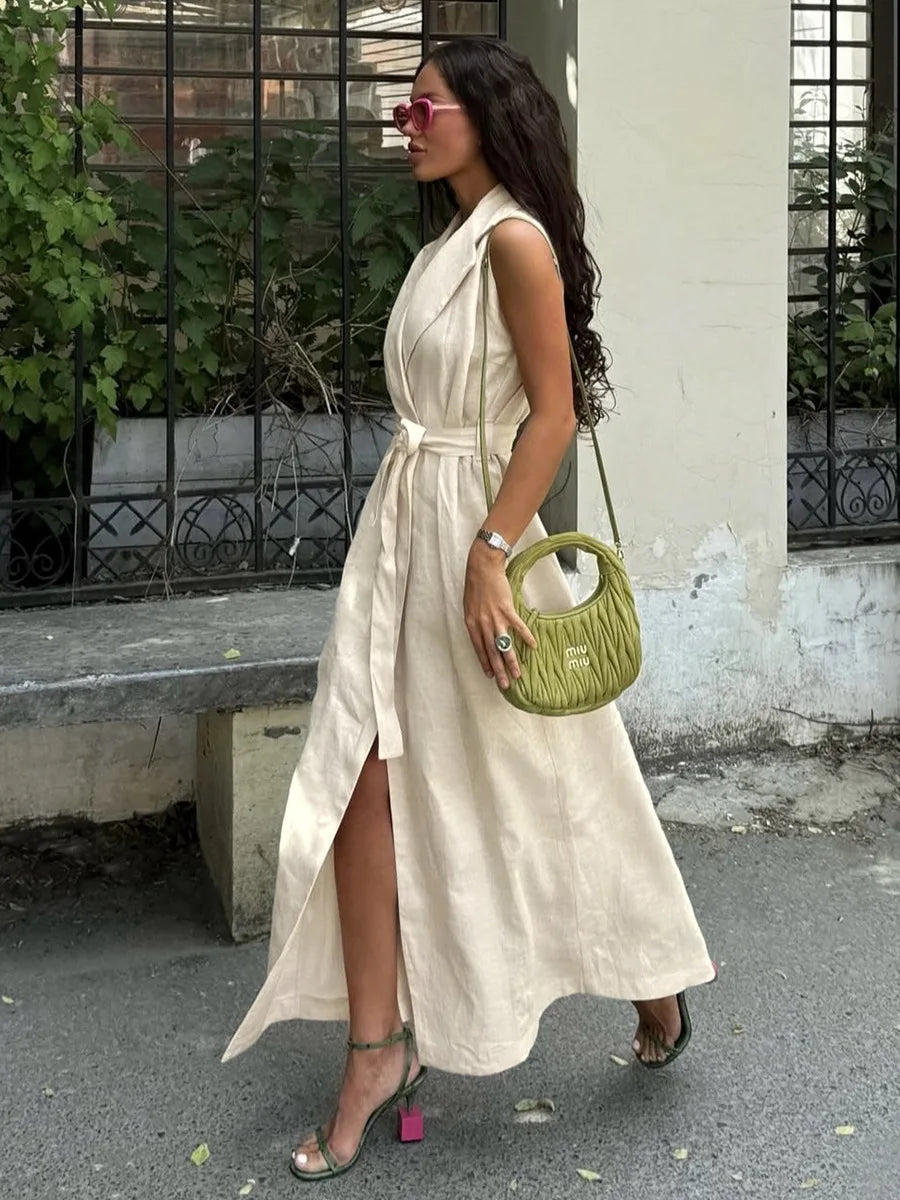 BKLD 2026 Spring Summer New Arrival Sleeveless Shirts Dress Casual Turn-Down Collar Tied Waist Dress Solid Color Women Clothing