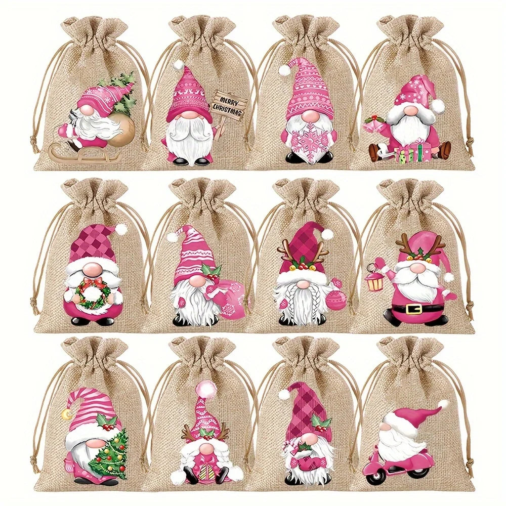 12Pcs Retro Red Truck Christmas Drawstring Pockets, Various Christmas Element Carriers, Painted and Printed Fabric Small Bags