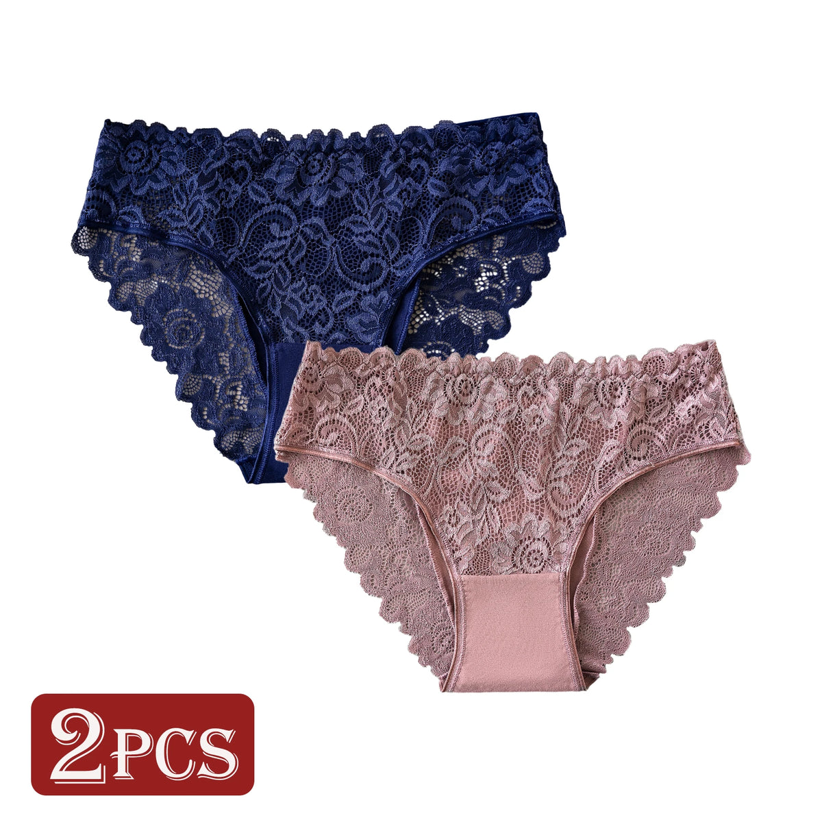 2PCS Solid Color Comfortable Cotton Underwear for Women Exquisite Floral Lace Designs Panties Semi-Sheer Sexy Briefs All Season