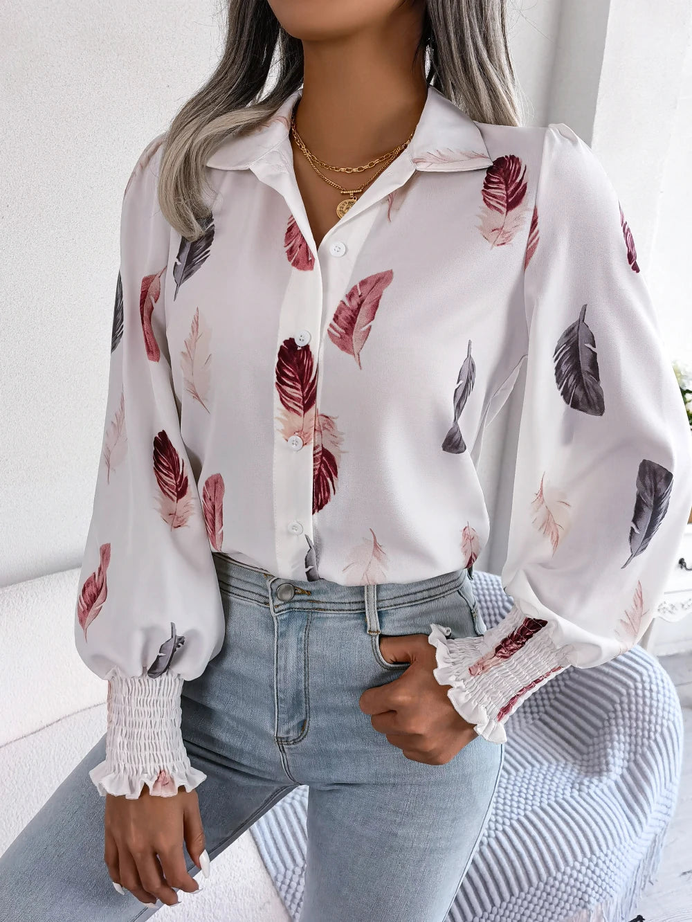 Women's Casual Feather Print Long Sleeve Office Lady Shirts for Autumn Turn Down Collar Buttons Woman Clothing White Pink Blue