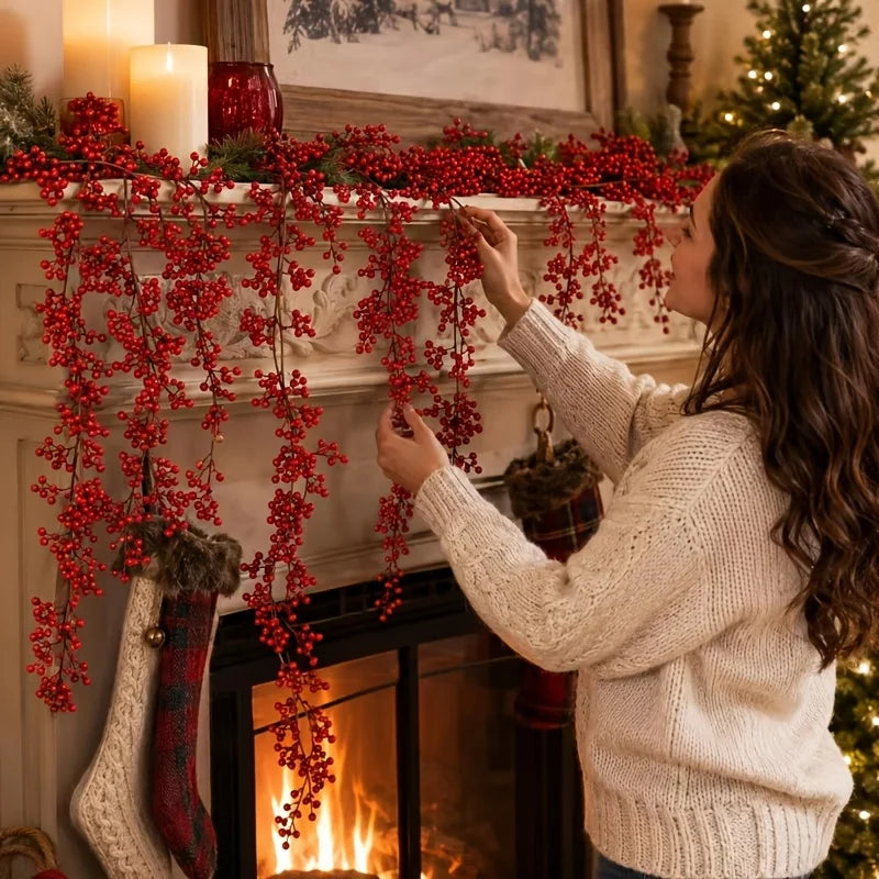 1PC Christmas Red Berry Vine Garland, Bendable Artificial Fruit Rattan,Winter Holiday Fireplace Staircase Hanging Decor for Home