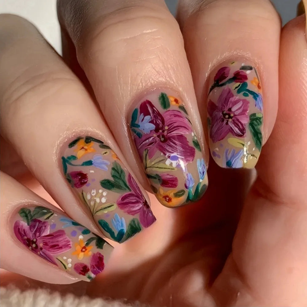 24Pcs Ladder-shaped Ballet False Nails with Glue Stripe Floral Nail Art Ombre French Press on Acrylic Nail Tips for Spice Girls