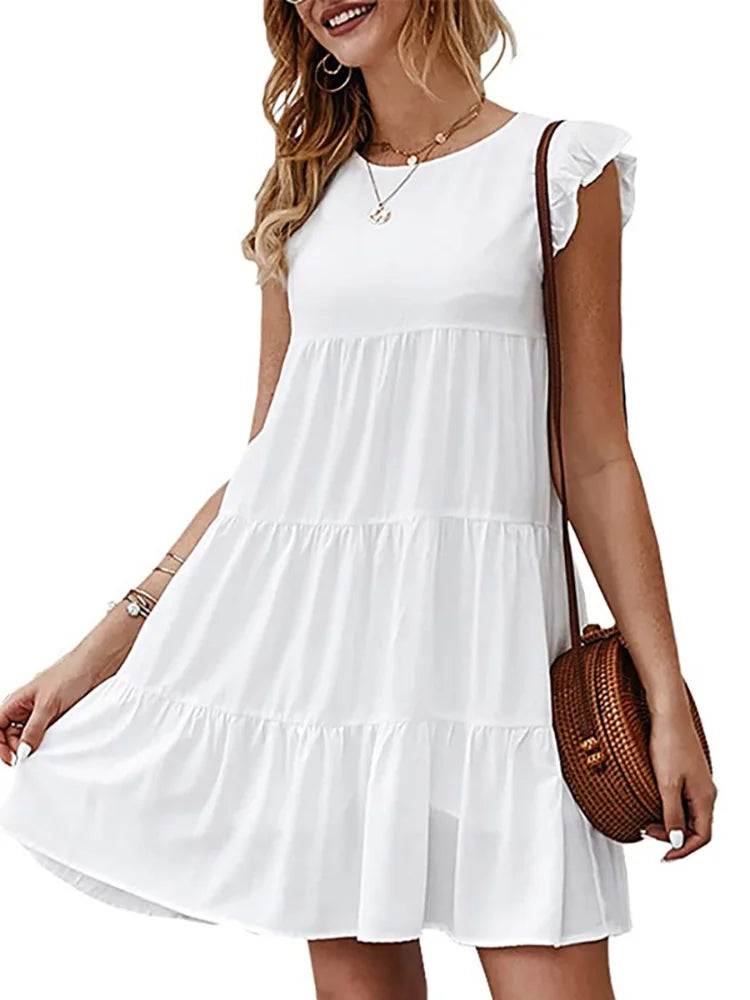 Women Elegant Ruffle Mini Dress Casual Solid O Neck Beach Party Sundress Simple Chic Loose Short Dress Vintage Harajuku Vestido