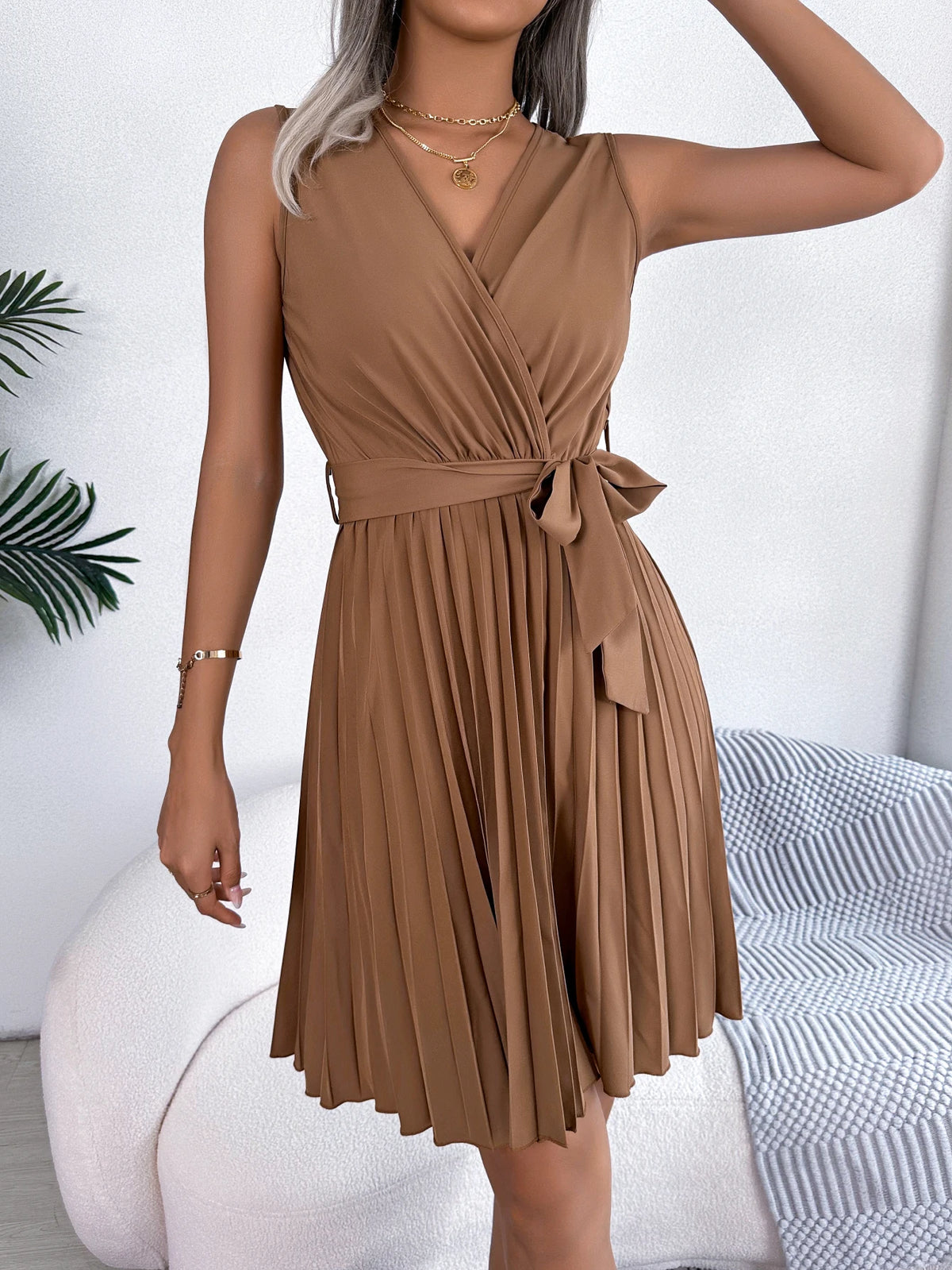 Women Summer Casual V Neck Sleeveless Pleated Knee Length Dress Black Blue Brown Elegant Lace Up Woman Dresses