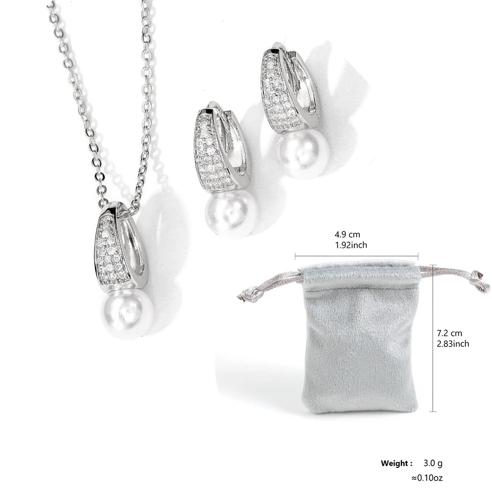 ZAKOL Sliver Color Simple Shiny Zirconia Round Imitation Pearl Earrings and Necklace Set for Women Exquisite Jewelry Gift
