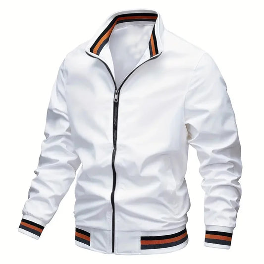 New Autumn and Winter Men's Windproof Stand Up Collar Jacket, Men's Stand Up Collar Striped Collar Casual Top No Velvet Sports F