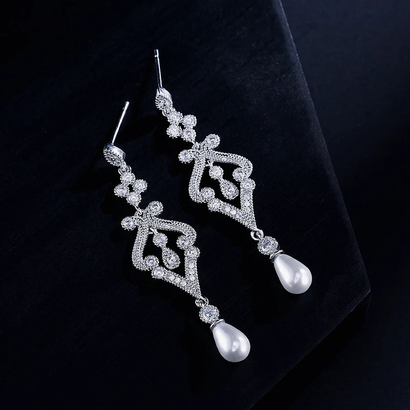 ZAKOL Elegant Simulated Pearl CZ Bridal Long Drop Earrings Fashion Engagement Wedding Jewelry Gifts for Women