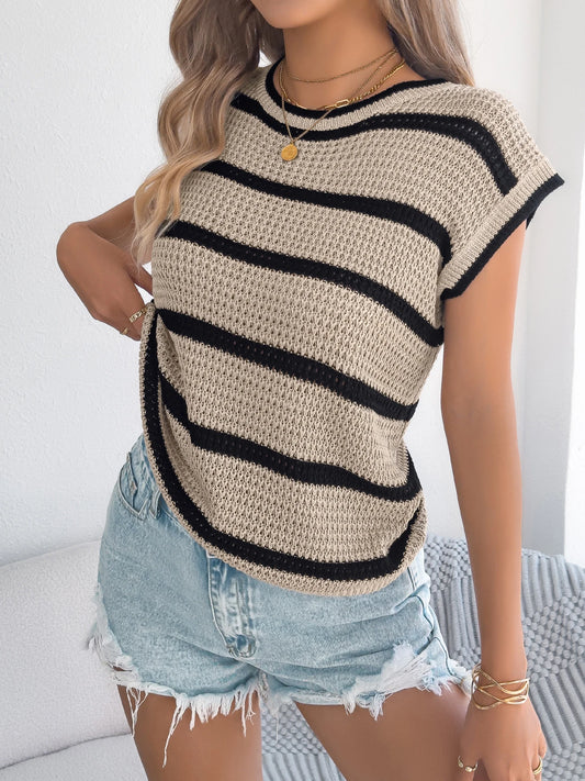 2026 Fashion Contrast Color Stripe Knitted Pullover Tops for Spring Summer Round Neck Sleeveless Hollow Out Vest Women Clothes