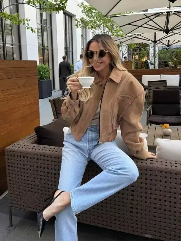 Vintage Women Leather Jacket 2026 New Autumn Winter Solid Zipper Lapel Collar Short Coat Long Sleeve Pockets Fashion Outerwear
