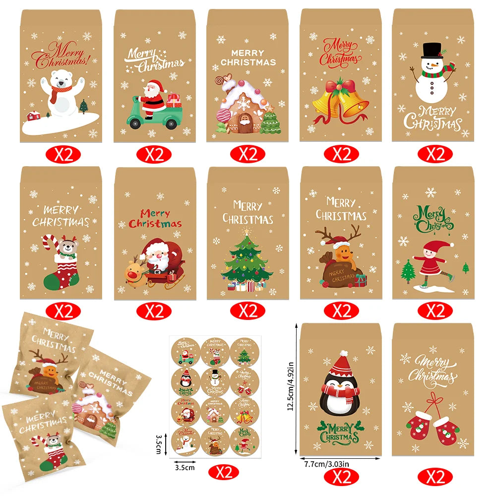 24Pcs Merry Christmas Cartoon Kraft Paper Goodie Bags, Vintage Xmas Candy Treat Bags with Snowflake Prints,Party Favor Packaging