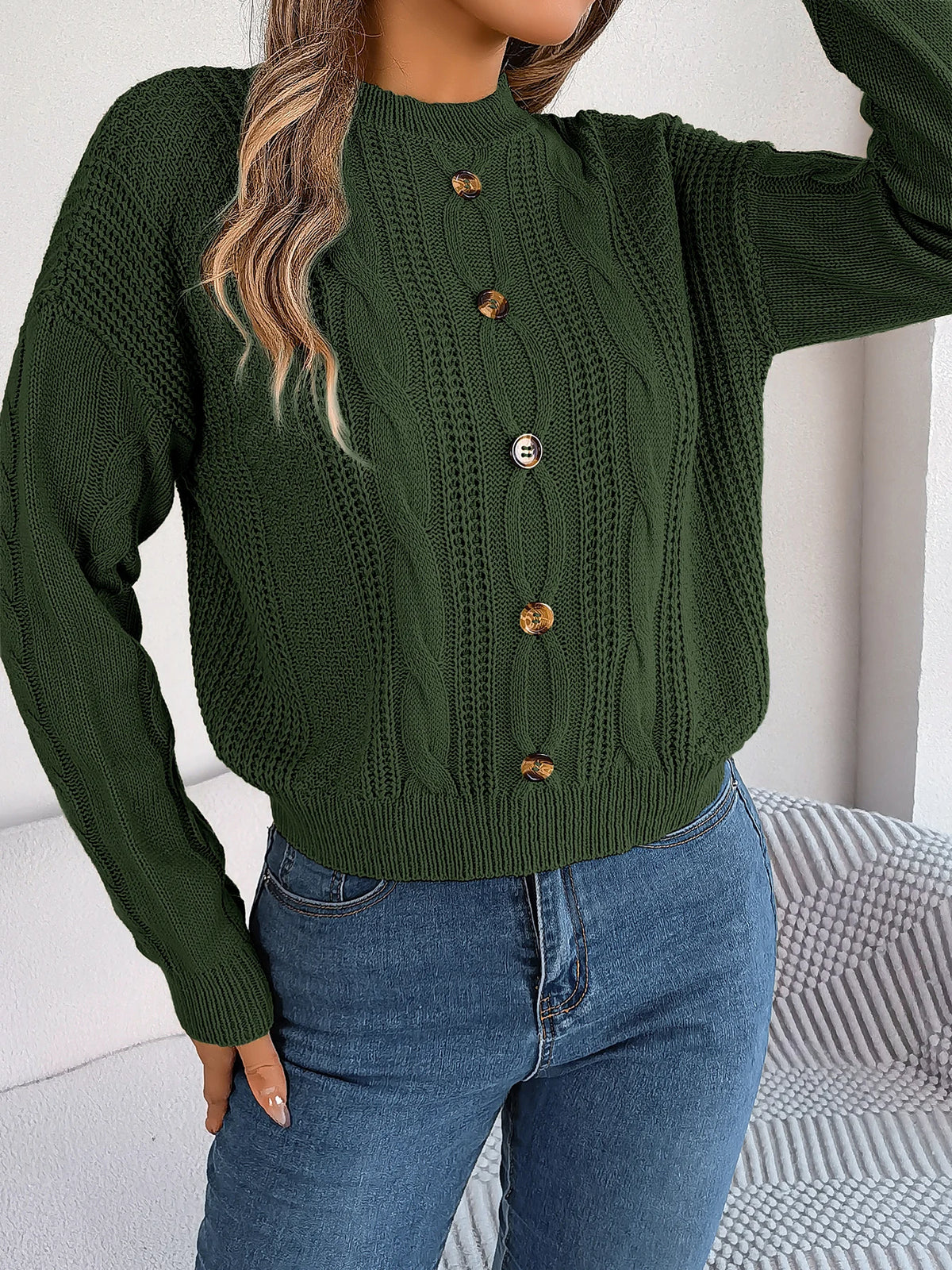Women's Solid Color Round Neck Buttons Knitted Sweater 2026 Autumn Winter Casual Long Sleeve Pullover White Grey Green Woman Top