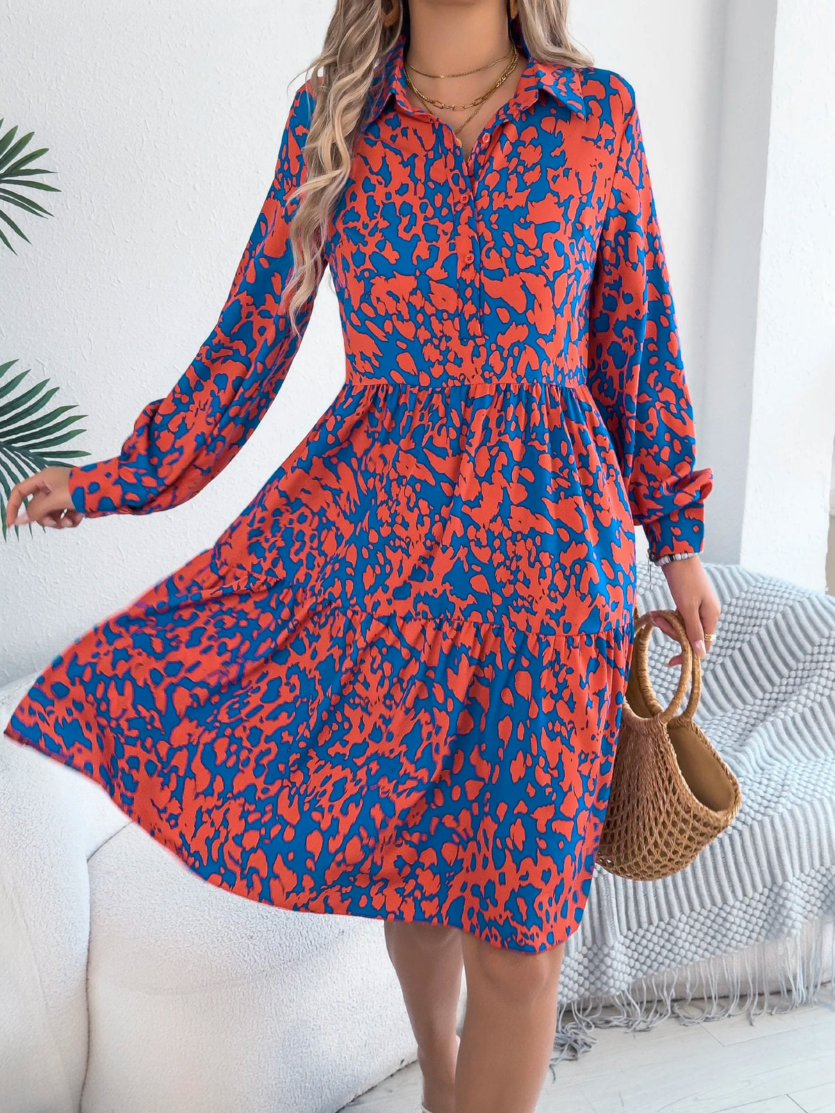 Spring Autumn Casual Vacation Single Breasted Turn Down Collar Long Sleeved Leopard Print Dresses for Women